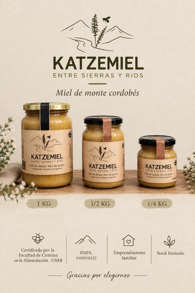 Presentaciones Katzemiel: frascos de 1 kg, 1/2 kg y 1/4 kg